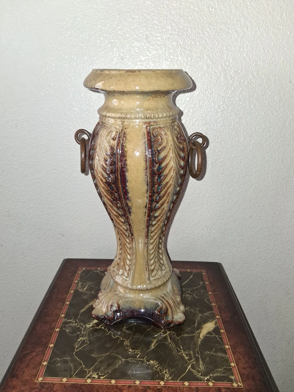 Decorative Ceramic Urn Candle Holder in Beige and Brown Statement Piece 12x5in